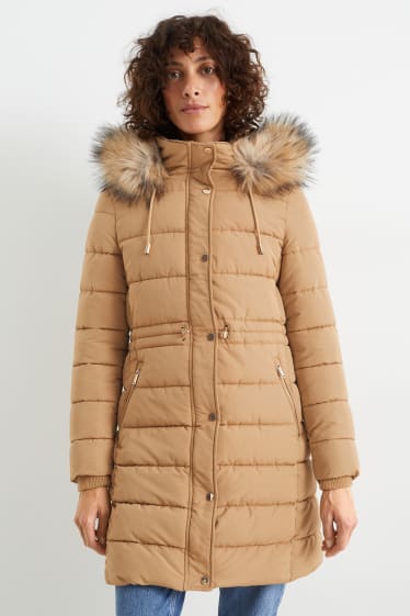 Women - Quilted coat with hood and faux fur trim - light brown