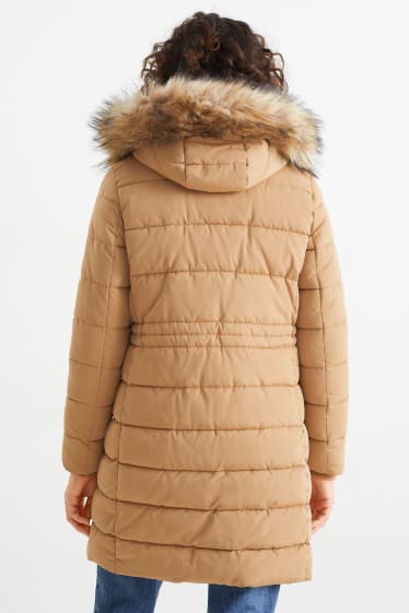 Women - Quilted coat with hood and faux fur trim - light brown