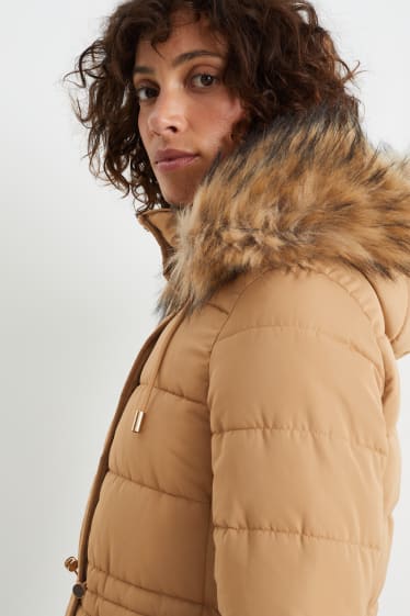 Women - Quilted coat with hood and faux fur trim - light brown