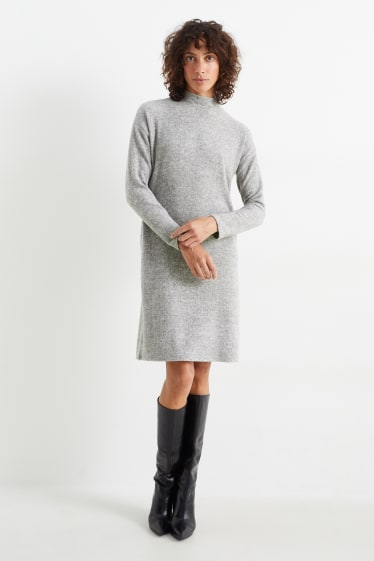 Women - Basic knitted dress with band collar - light gray-melange