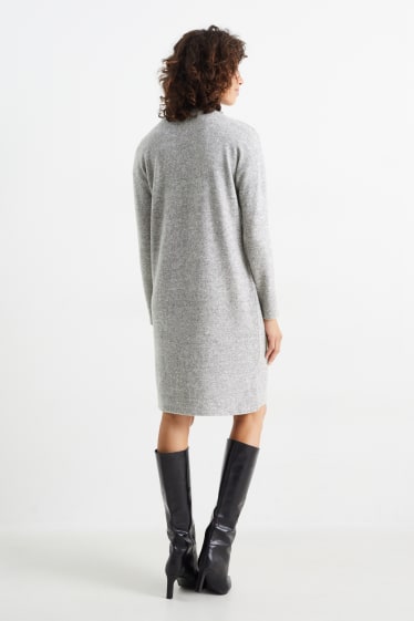 Women - Basic knitted dress with band collar - light gray-melange