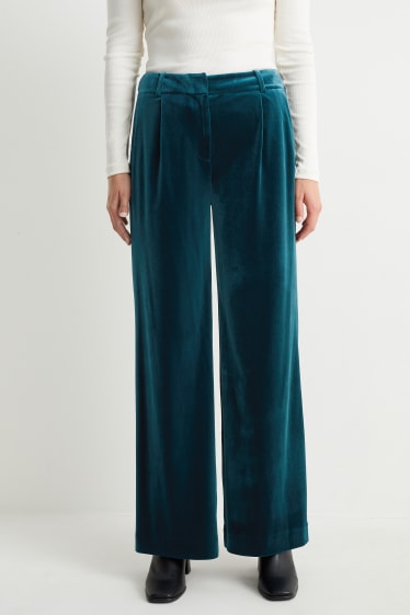 Mujer - Pantalón aterciopelado de oficina - high waist - wide leg - verde oscuro