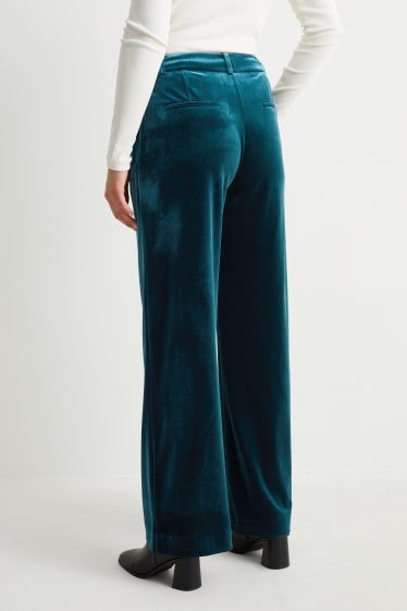 Mujer - Pantalón aterciopelado de oficina - high waist - wide leg - verde oscuro