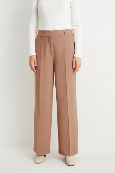 Donna - Pantaloni di stoffa - vita alta - gamba larga - marrone chiaro