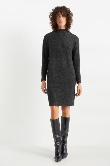 Women - Basic knitted dress with band collar - dark gray