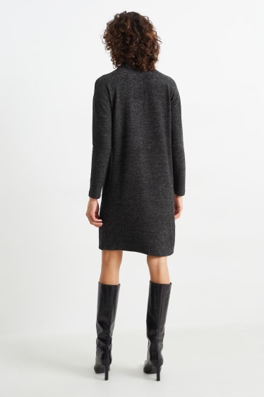 Women - Basic knitted dress with band collar - dark gray