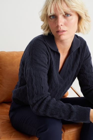 Damen - Pullover mit Kaschmir - Zopfmuster - dunkelblau