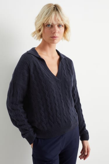 Damen - Pullover mit Kaschmir - Zopfmuster - dunkelblau