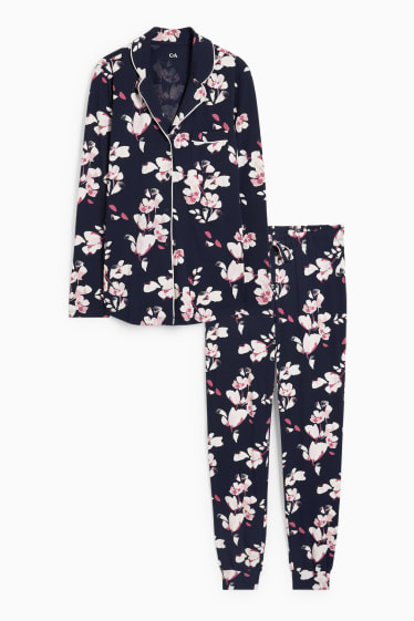 Dames - Pyjama - gebloemd - donkerblauw
