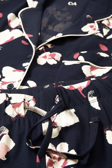 Dames - Pyjama - gebloemd - donkerblauw