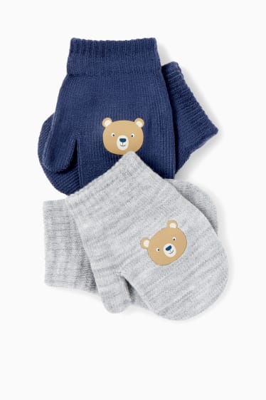Bébés - Lot de 2 paires - ourson - moufles pour bébé - bleu foncé / gris