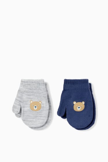 Bébés - Lot de 2 paires - ourson - moufles pour bébé - bleu foncé / gris
