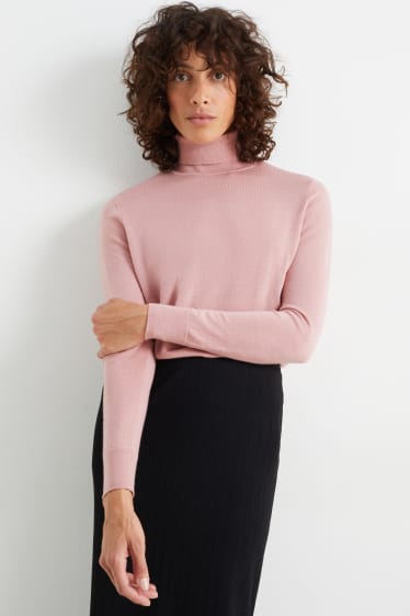 Femmes - Pullover à col roulé basique en mérinos - rose