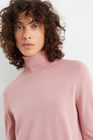 Women - Basic merino polo neck jumper - pink