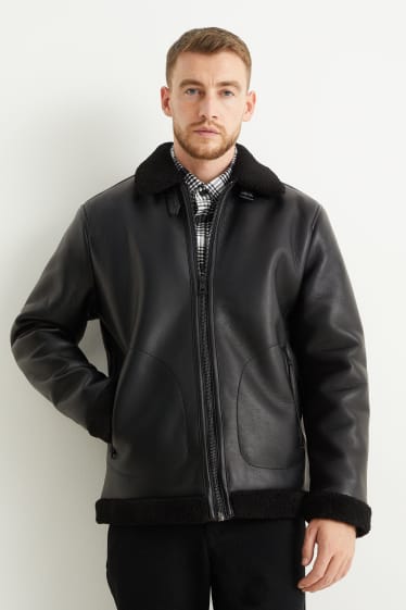 Men - Faux shearling jacket - faux leather - black