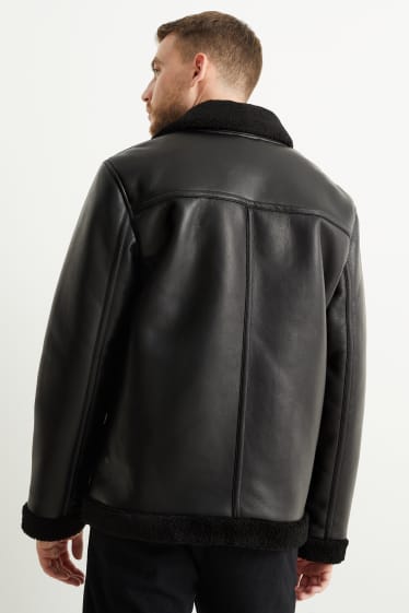 Heren - Imitatie shearling jas - imitatieleer - zwart