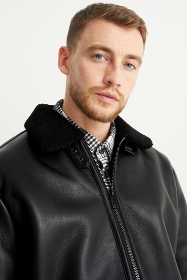 Herren - Faux Shearling Jacke - Lederimitat  - schwarz