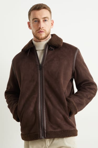 Men - Faux shearling jacket - faux suede  - dark brown