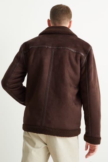 Men - Faux shearling jacket - faux suede  - dark brown