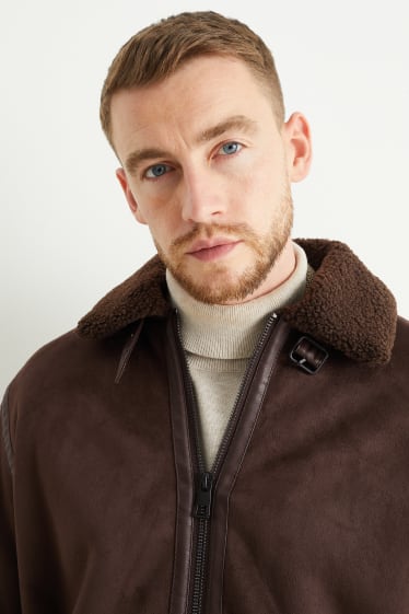 Men - Faux shearling jacket - faux suede  - dark brown