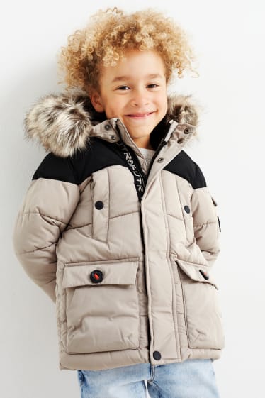 Enfants garçons - Parka avec capuche et garniture en imitation fourrure - hiver - beige