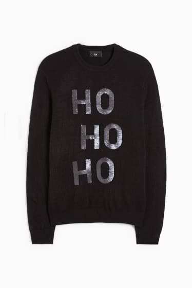 Hommes - Pull de Noël - HoHoHo - effet brillant - noir