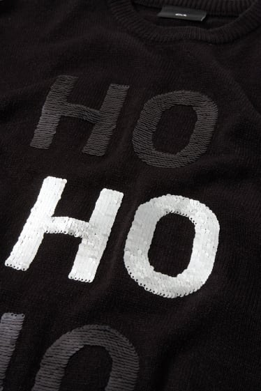 Hommes - Pull de Noël - HoHoHo - effet brillant - noir