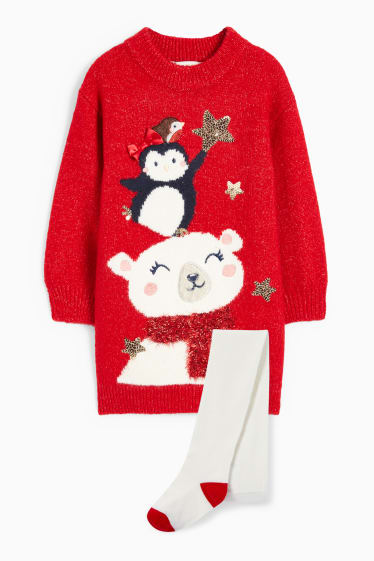 Kinder Mädchen - Tiere - Set - Weihnachts-Strickkleid und Strumpfhose - rot