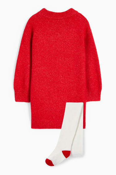 Kinder Mädchen - Tiere - Set - Weihnachts-Strickkleid und Strumpfhose - rot