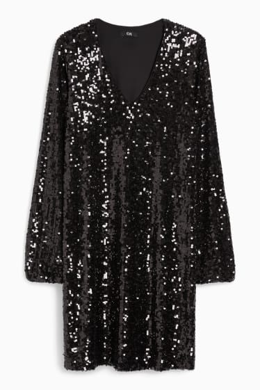 Damen - A-Linien-Pailletten-Kleid mit V-Ausschnitt - schwarz