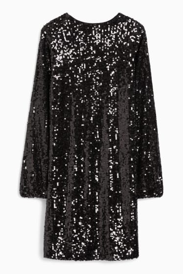 Dames - A-lijn-jurk met pailletten en V-hals. - zwart