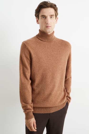Men - Polo neck jumper - wool blend - brown