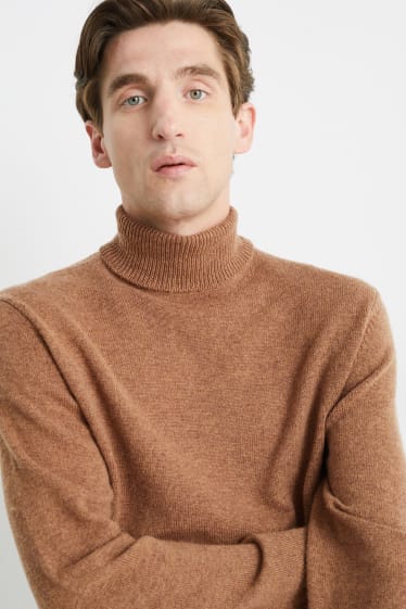 Men - Polo neck jumper - wool blend - brown