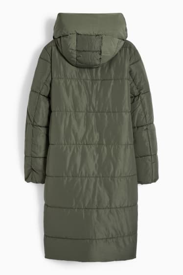 Women - Quilted coat with hood - dark green
