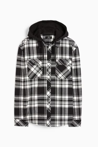 Herren - Flanellhemd mit Kapuze - Relaxed Fit - kariert - schwarz / weiss