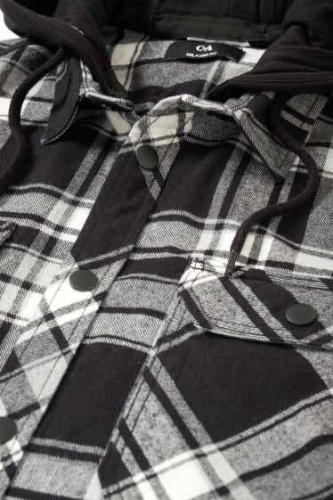 Herren - Flanellhemd mit Kapuze - Relaxed Fit - kariert - schwarz / weiss