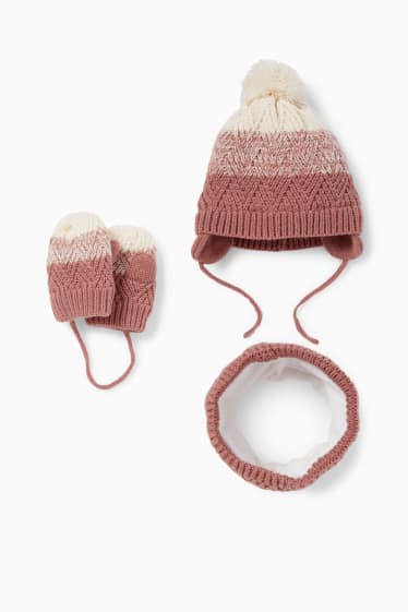 Bébés - Ensemble - bonnet, écharpe et moufles pour bébé - 3 pièces - rose foncé