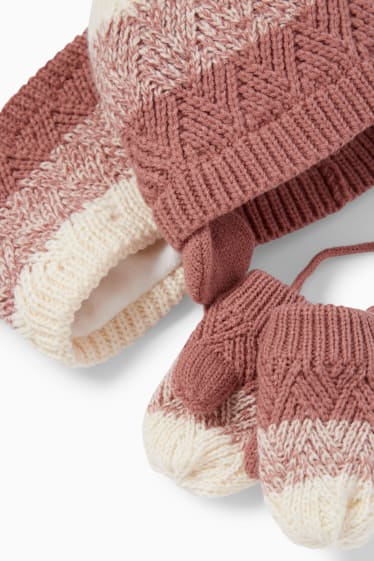 Bebeluși - Set - căciulă, fular circular și mănuși cu un deget pentru bebeluși - 3 piese - roz închis