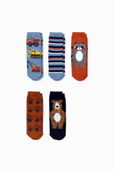 Copii - Băieți - Multipack 5 perechi - animale din pădure și excavatoare Bagger - șosete cu motive - albastru / albastru închis