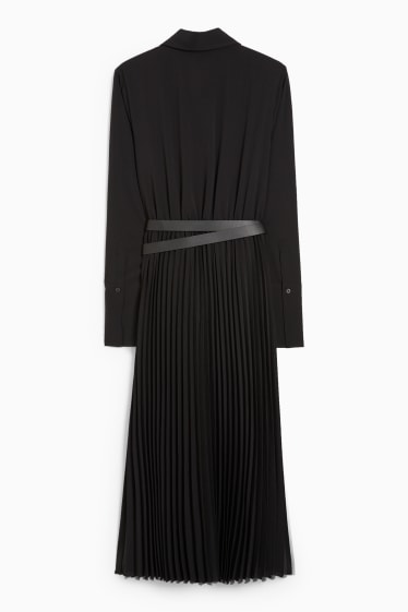 Donna - Vestito a camicia con cintura - pieghe - nero