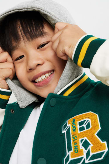 Kinder Buben - Collegejacke mit Kapuze - dunkelgrün