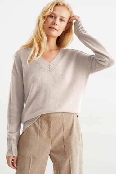 Damen - Pullover mit V-Ausschnitt - Woll-Mix - hellbeige