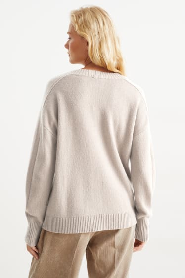 Donna - Maglione con scollo a V - misto lana - beige chiaro