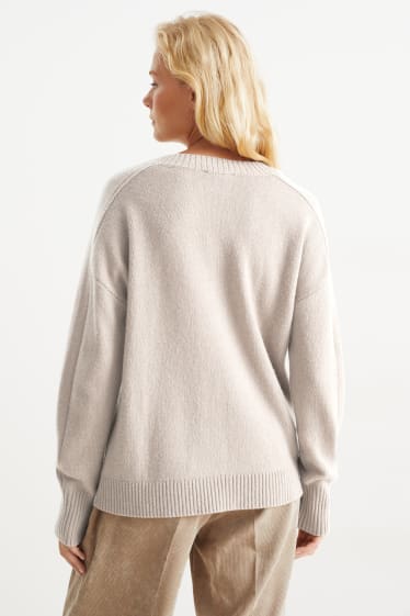 Damen - Pullover mit V-Ausschnitt - Woll-Mix - hellbeige