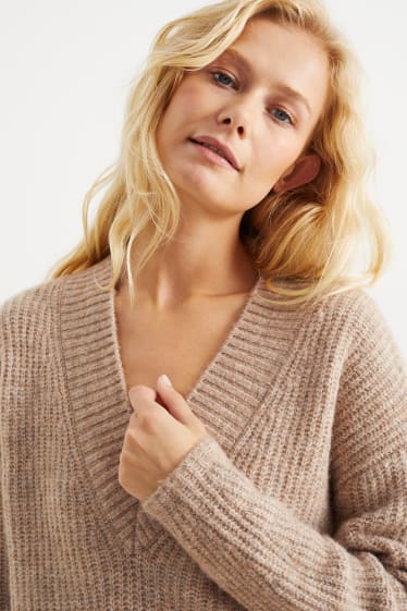 Damen - Pullover mit V-Ausschnitt - taupe