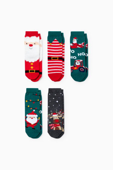 Kinderen: jongens - Set van 5 paar - sokken voor de kerst, met motief - donkergroen / rood