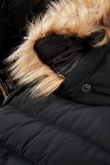 Kinderen - Gewatteerde jas met capuchon en rand van imitatiebont - zwart