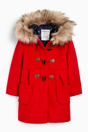 Enfants filles - Manteau à capuche et garniture en imitation fourrure - rouge