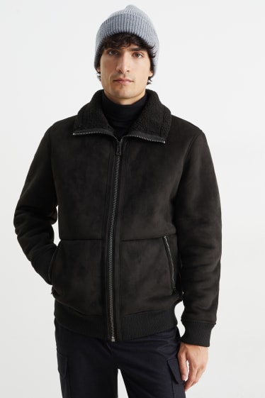 Uomo - Giacca di finta lana shearling - similpelle scamosciata - nero