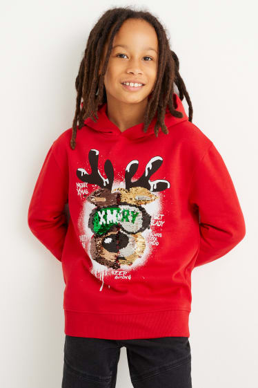 Kinderen: jongens - Rendier - hoodie voor de kerst - glanseffect - rood